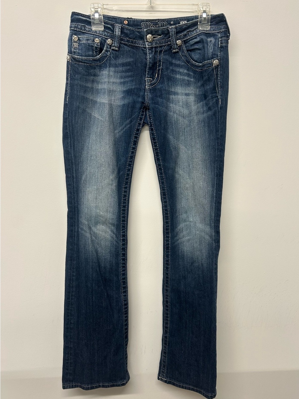 Miss Me Dark Blue Flare Jeans with Whiskered Fade